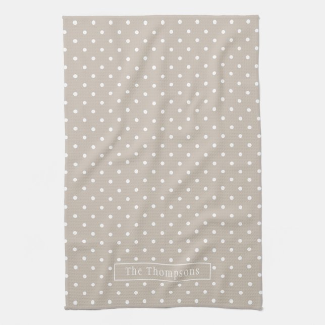 Paño De Cocina White On Beige Polka Dots Pattern With Custom Name (Vertical)