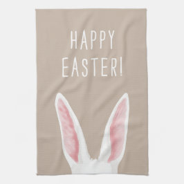 Paño De Cocina White Watercolor Bunny Ears On Beige Happy Easter