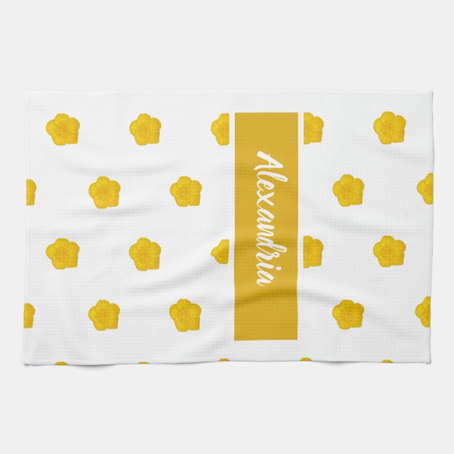 Paño De Cocina White With Yellow Wildflower Photos Custom Name (Horizontal)