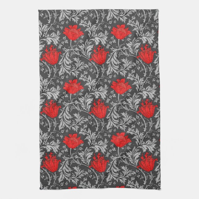 Paño De Cocina William Morris Anemone, Gris/Gris y Rojo (Vertical)