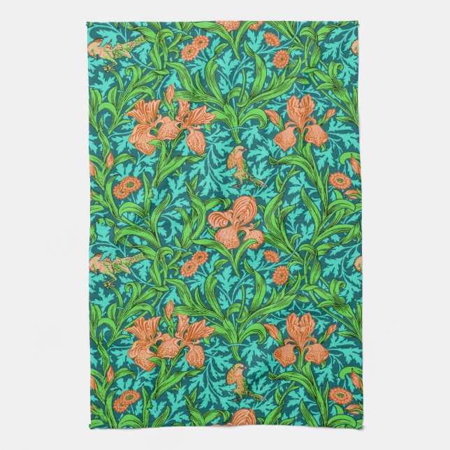 Paño De Cocina William Morris Irises, Naranja y turquesa (Vertical)