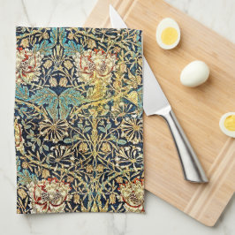 Paño De Cocina William Morris Patrón Floral Oro Rojo Turquesa