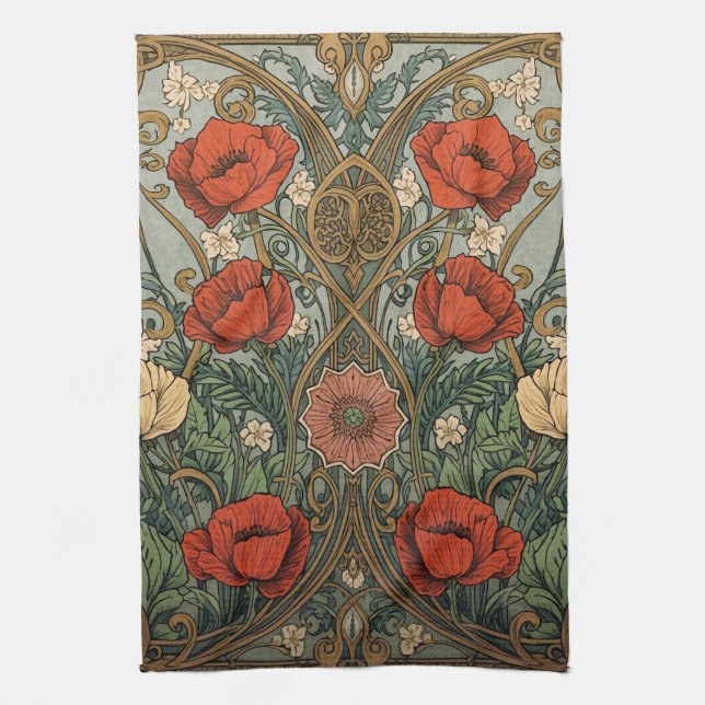 Paño De Cocina William Morris Poppies Floral Art Nouveau Pattern  (Vertical)