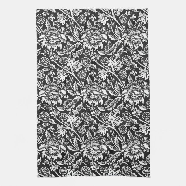Paño De Cocina William Morris Sunflower, negro, blanco y gris (Vertical)