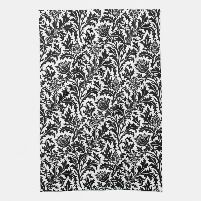 Paño De Cocina William Morris Thistle Damask, negro sobre blanco  (Vertical)