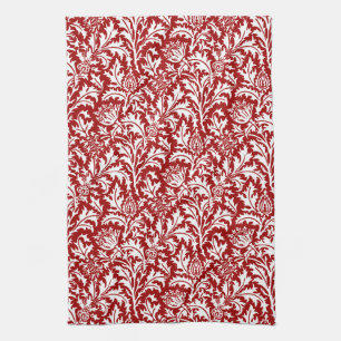 Paño De Cocina William Morris Thistle Damask, rojo oscuro y blanc