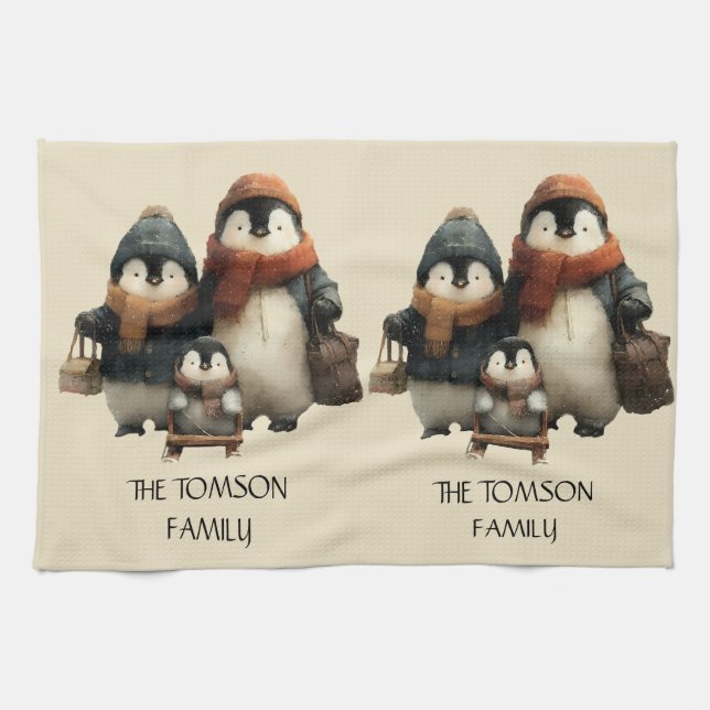 Paño De Cocina Winter Penguin Family Personalized Design (Horizontal)