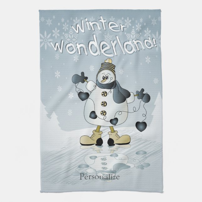 Paño De Cocina Winter Wonderland Blue Heart Snowmen (Vertical)