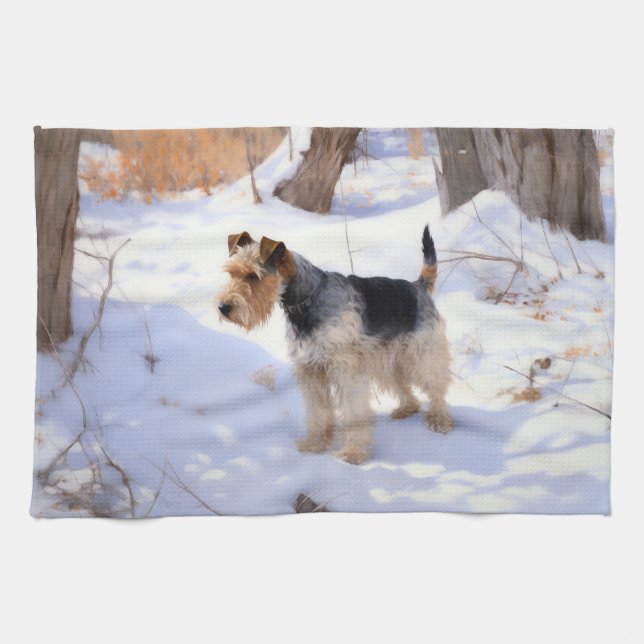 Paño De Cocina Wire Fox Terrier Deja que nieve Navidad  (Horizontal)