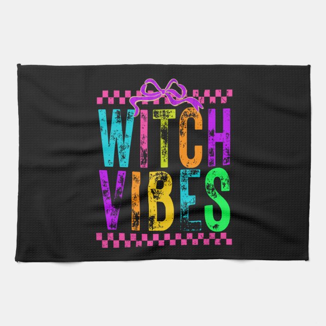 Paño De Cocina Witch Vibes Halloween Neon Checkered Bow (Horizontal)