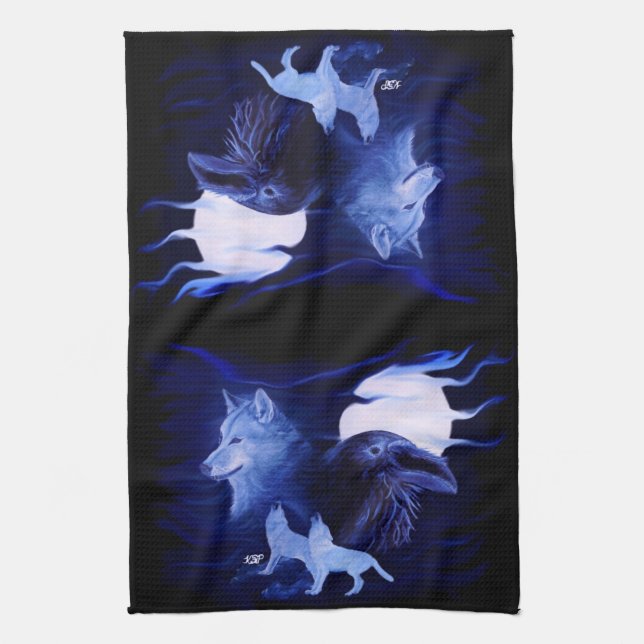 Paño De Cocina Wolf y Raven con luna llena (Vertical)