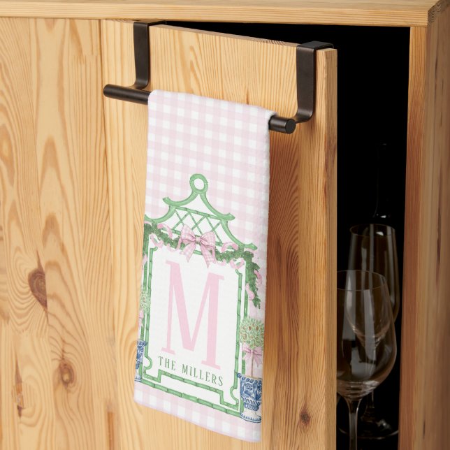 Paño De Cocina Wreath perrito con rosado Gingham Bow (Pliegue de tercios)