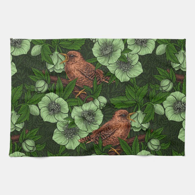Paño De Cocina Wren y hellebore en verde oscuro (Horizontal)