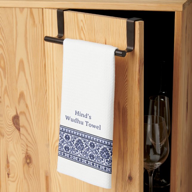 Paño De Cocina Wudu Blue & White Floral Border Personalised Wudhu (Pliegue de tercios)