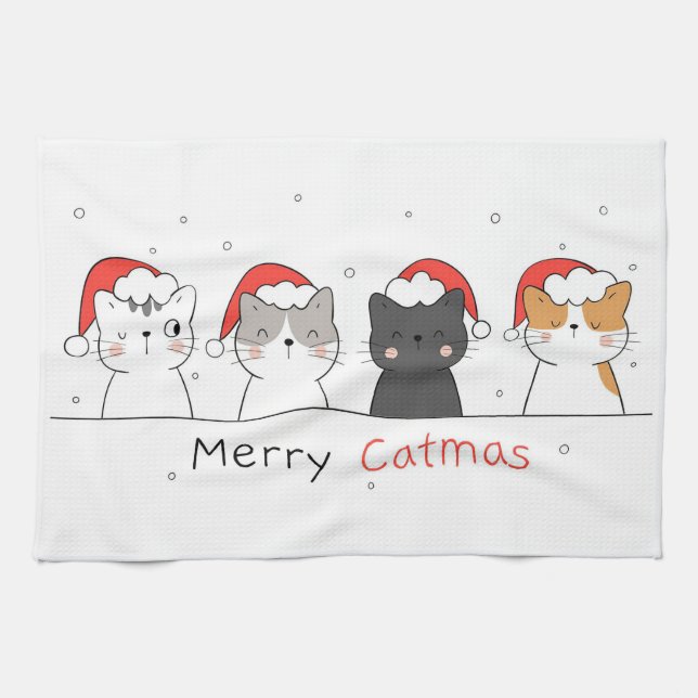 Paño De Cocina Xmas Gift | Merry Christmas With Cat (Horizontal)