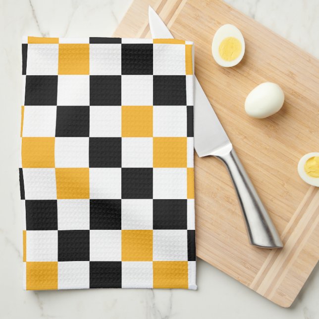 Paño De Cocina Yellow Black White Checkered Pattern Design  (Doblado Cuarto)