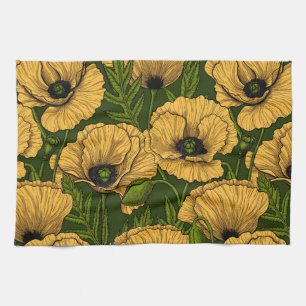 Paño De Cocina Yellow poppies on dark green