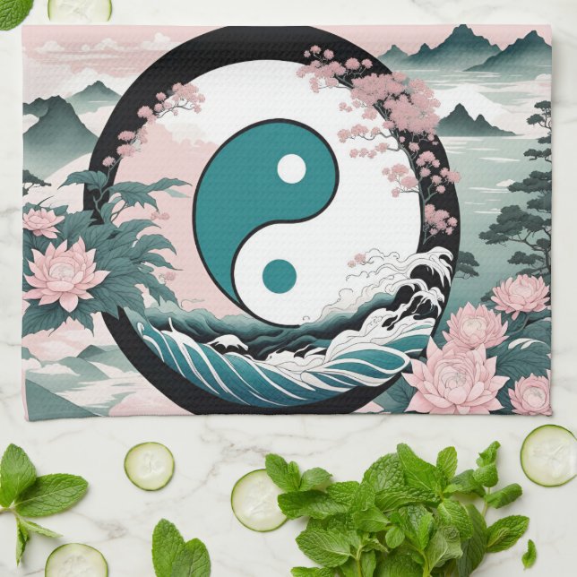Paño De Cocina Yin Yang, floral, Verde azulado sabio rosa (Doblado)