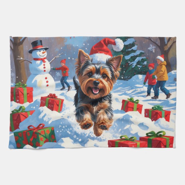 Paño De Cocina Yorkshire Terrier en Nieve con Gorra Navidad (Horizontal)
