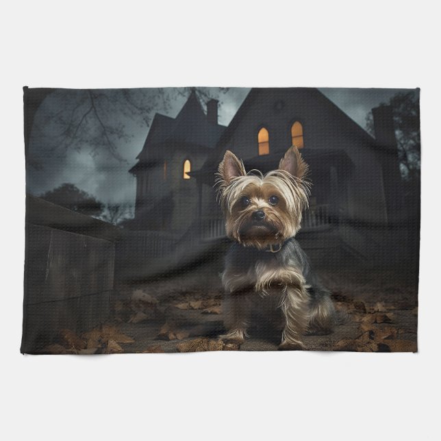 Paño De Cocina Yorkshire Terrier Halloween Aterrador (Horizontal)