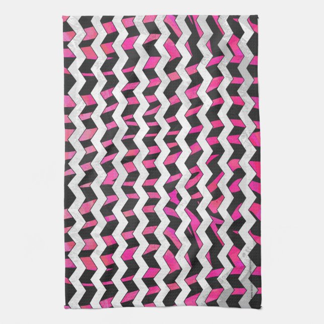 Paño De Cocina Zebra Chevron negro y rosa caliente (Vertical)
