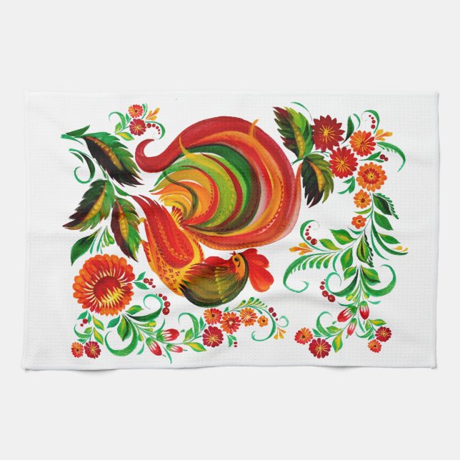 Paño De Cocina Zeichnung eines Hahns im Volksstil. (Horizontal)