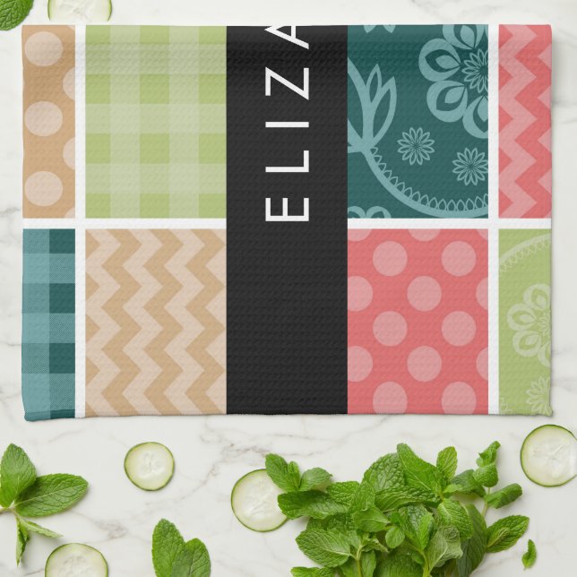 Paño De Cocina Zigzag, Chevron, Gingham, Puntos Polka, Tu Nombre (Doblado)