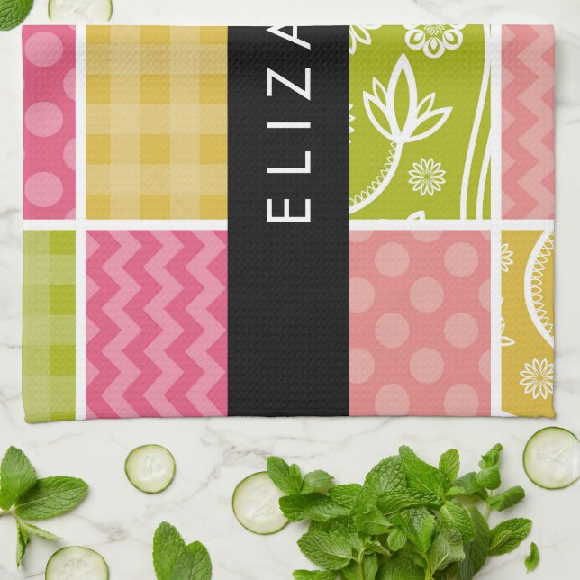 Paño De Cocina Zigzag, Chevron, Polka Dots, Gingham, Su Nombre (Doblado)