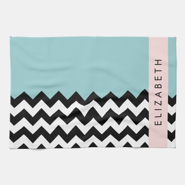 Paño De Cocina Zigzag negro y blanco, chevron, azul, tu nombre (Horizontal)