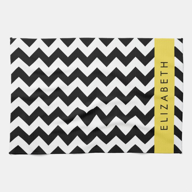 Paño De Cocina Zigzag negro y blanco, patrón de cheurón, nombre (Horizontal)