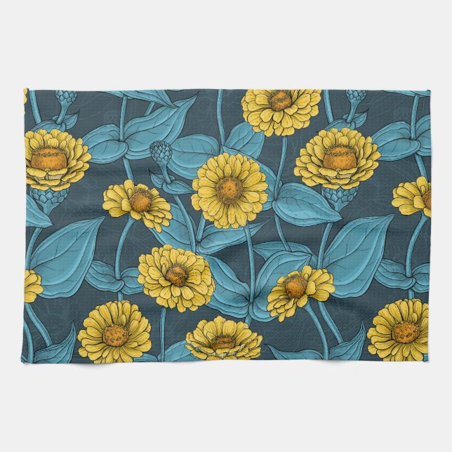 Paño De Cocina Zinnias amarillas en azul oscuro (Horizontal)
