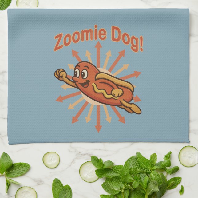 Paño De Cocina Zoomie Dog Flying Hot Dog Personalizado - Fun Retr (Doblado)