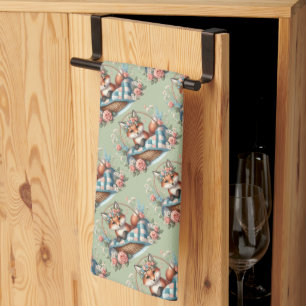 Paño De Cocina Zorro Floral en Canasta con Colcha y Flores
