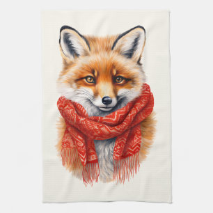 Paño De Cocina Zorro lindo con una bufanda roja Imagen de otoño