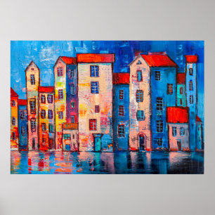 Panorama de calle con casas coloridas. Impresión