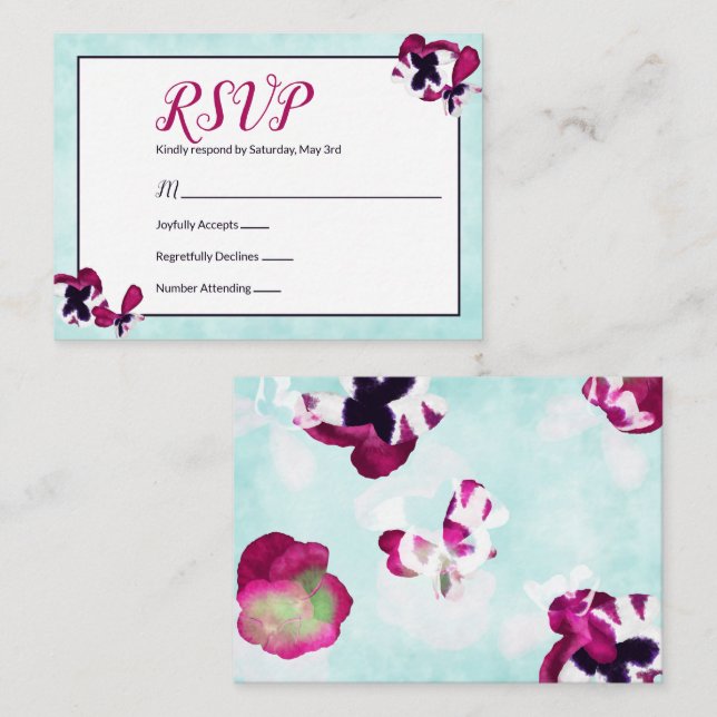 Pansias magenta, tarjeta RSVP turquesa (Anverso / Reverso)