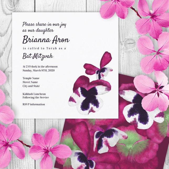 Pansies rosados profundos Bat Mitzvah Invitación (pink purple flower petals pansy bat mitzvah invitation, berry violet summer colors, 12 12th twelve)