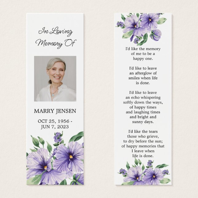 Pansy Floral Photo Funeral Memorial Bookmark (Anverso y reverso)