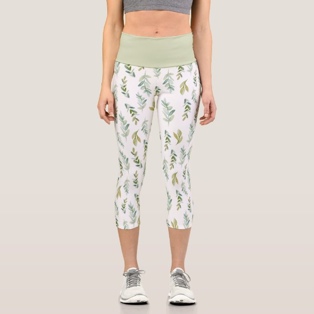 Pantalones Capri Simple Patrón de Hoja Verde (Anverso)