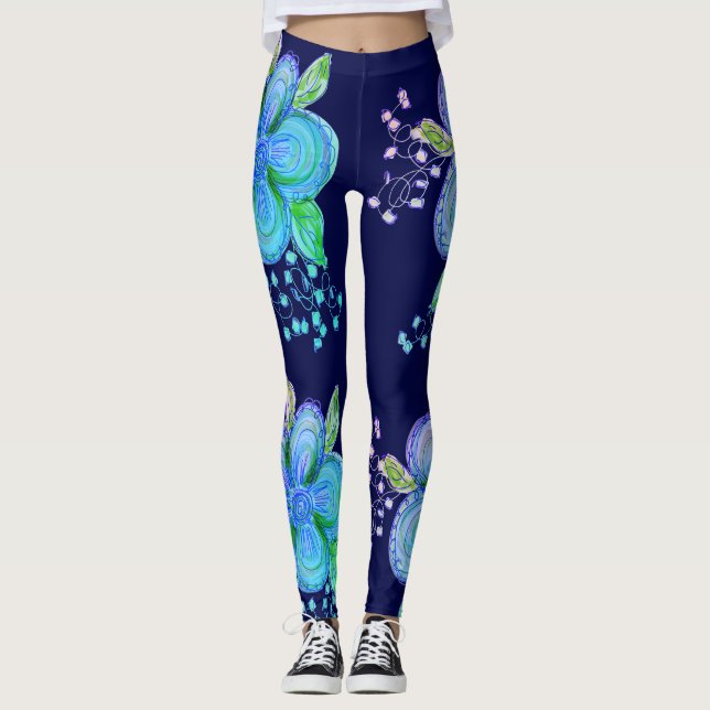 Pantalones De Yoga Con Flores Azules Y Rosa (Anverso)