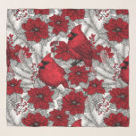 Pañuelo Cardenales y poinsettia en rojo y blanco<br><div class="desc">Cardenales en ramas invernales y decoración de Navidades</div>