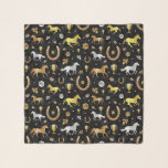 Pañuelo Carreras de caballo Derby Day Fiesta Black Gold Pa<br><div class="desc">Celebra tu derby de carreras de caballos favorito con este magnífico patrón. El diseño se repite en tonos dorados, plateados y bronce sobre negro con un ligero efecto de mármol. El patrón ornamental incluye caballos, trofeos, herraduras y rosas. Póngase en contacto con FancyCelebration para ver los cambios. Vea los suministros...</div>