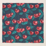 Pañuelo Cerezas rojas en azul oscuro<br><div class="desc">Fruto de cerezo pintado a mano,  acuarela y patrón de tinta</div>