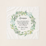 Pañuelo Eucalyptus Wreath Flower Girl Poema<br><div class="desc">Regale a su chica de flores con esta bufanda dulce de chile con su nombre, sus nombres y un entrañable poema rodeado por una corona de hojas de color verde agua y eucalipto que concuerdan con nuestra suite boda Eucalyptus. El poema dice: "Hoy tienes una cesta de flores, un día...</div>