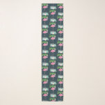 Pañuelo Palmeras de Flamingo Rosa y Suculentos Florales<br><div class="desc">Una bufanda con un patrón repetido de un ilustracion de flamencos rosados sobre una cama de flores suculentas florales con palmeras verdes que se balancean por la espalda. Tropical y bonito. El fondo es azul oscuro.</div>
