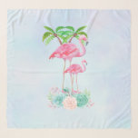 Pañuelo Pink Flamingo Momma & Baby with Palm Trete<br><div class="desc">Una bufanda de chicha con el ilustracion de una mamá y un flamenco rosado de bebé sobre una cama de flores suculentas florales con palmeras verdes que se balancean en la espalda. Tropical y bonito. El fondo es una acuarela azul veraniego con toques de violeta.</div>