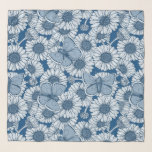 Pañuelo Primavera azul, flores silvestres, margaritas<br><div class="desc">Flores de margarita dibujadas a mano y mariposas azules comunes,  patrón vectorial sin fisuras</div>