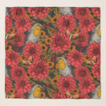 Pañuelo Robins en el jardín de otoño, dahlias rojas en neg<br><div class="desc">Patrón ininterrumpido con aves robinas,  polillas,  flores dahlia,  caléndula y varias bayas y hojas</div>