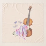 Pañuelo Violín, zapatos de ballet, flores y mariposas<br><div class="desc">Una bufanda cuadrada con un suave diseño femenino. Ilustrado con una acuarela que representa un violín de madera,  algunas zapatillas de ballet rosadas descansan sobre él y decoradas con flores y mariposas. Colocado en un fondo de color rosa melocotón.</div>