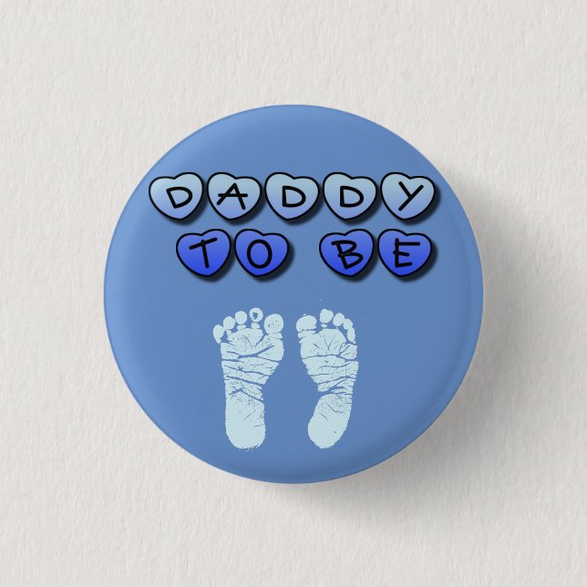 Papá a ser botón azul de Baby Shower de la huella (Anverso)
